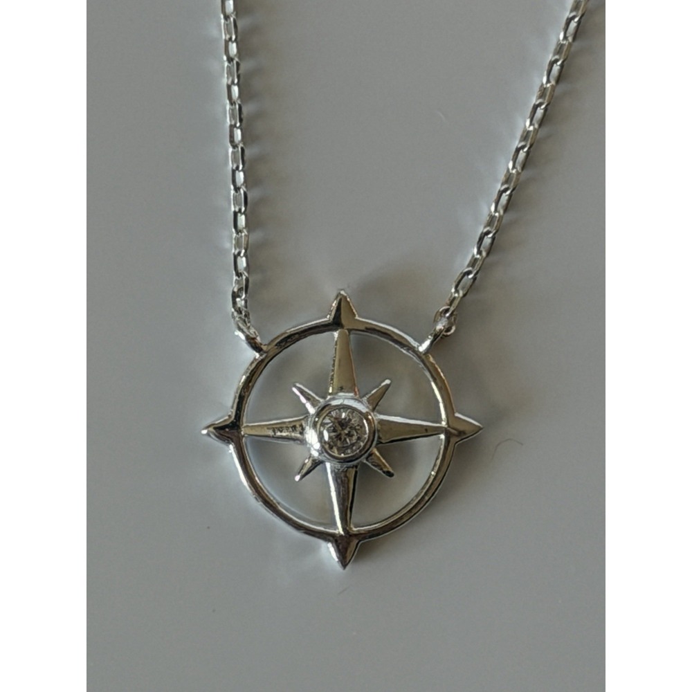 Sterling Silver Compass Coin Pendant Box Chain Necklace Adventure Dainty CZ 21g